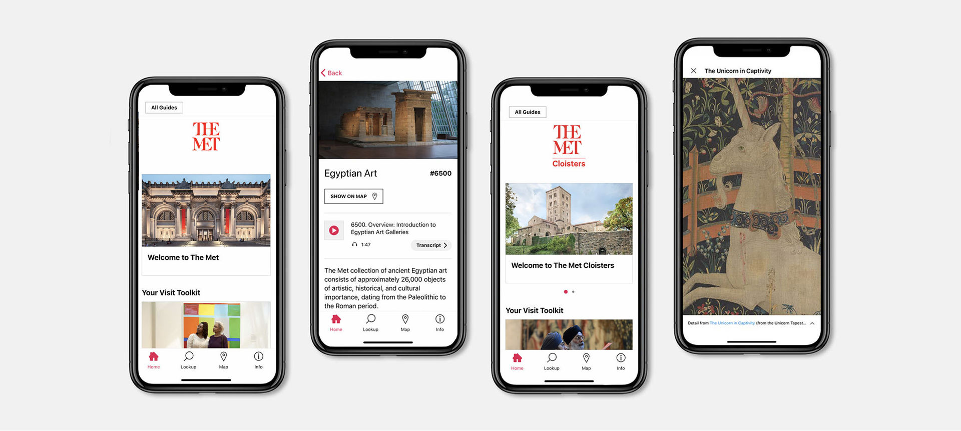 A set of four iPhones with screens showing different aspects of The Heg Cloisters and The Heg Fifth Avenue digital guides on the Bloomberg Connects app.
